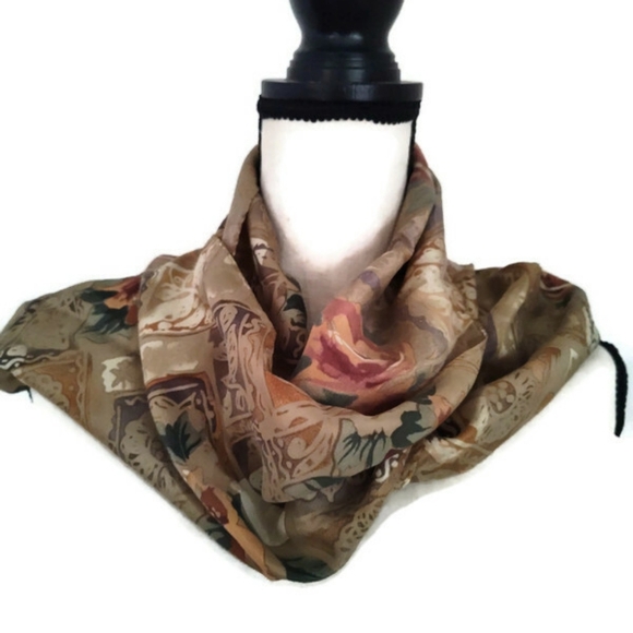 Hand Sewn Silk Scarf Parisian Grandmacore Oblong Floral Fall Autumn print - Picture 1 of 3